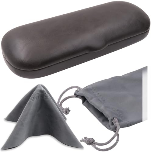 MyEyeglassCase Elegant Black Eyeglass case | Hard Slim Glasses holder clam shell w/Microfiber Pouch and Cloth | Reading Glasses case | Small & Protective (S5 Rough Grey)