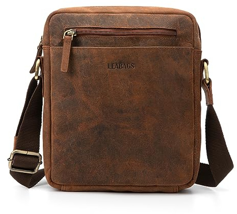LEABAGS Messenger Bag Kalkutta, Echtleder Umhängetasche Herren, Leder Tablettasche Männertasche mit Schultergurt, Leder handgefertigt Herren Ledertasche für Arbeit Reise Alltagsleben (M/Rotbraun)