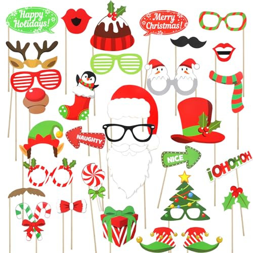 FINDIR 32 Stück Foto Requisiten Weihnachten Photo Booth Requisiten Weihnachtsfeier Fotorequisiten Fotobox Accessoires für Weihnachten Party Dekoration (mit Holzstäbchen)