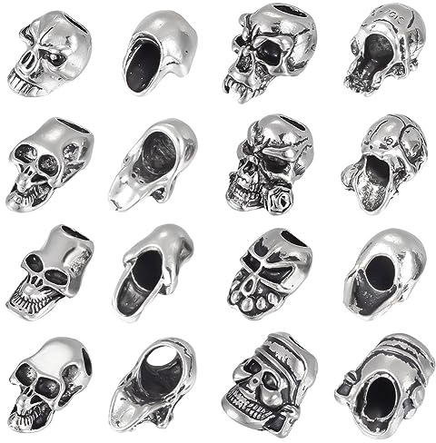 UNICRAFTALE 16Stk 8 Stile Antik Silber Totenkopf Lanyard Perlen 4.5-6mm Großes Loch Totenkopf Schädel Fallschirm Schnur Metall Abstandsperlen Für Armbänder Schmuckherstellung