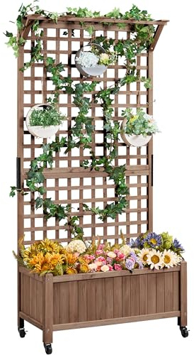 Yaheetech 72 H Horticulture Garden Planter with Trellis for Vine Climbing Plants, Raised Box Outdoor w/Drainage Holes Raised Garden Bed Planter Box for Flowers, Dark Brown