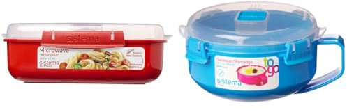 Sistema Rectangle Microwave Container | 1.25 L | BPA-Free | Red/Clear & Microwave Breakfast Bowl | Round Microwave Container with Lid | 850 ml | BPA-Free | Assorted Colours | 1 Count