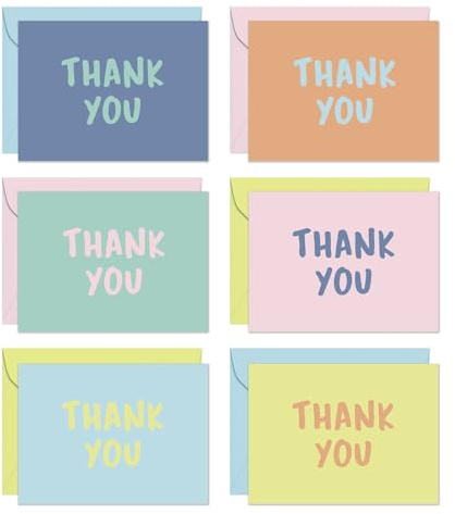 S&O Thank You Cards with Envelopes - Blank Decor sheets for Handwritten Messages -Greeting Notes and Covers Set of 24 - Assorted Thank You Cards with Stylish Color Envelopes to Mix & Match