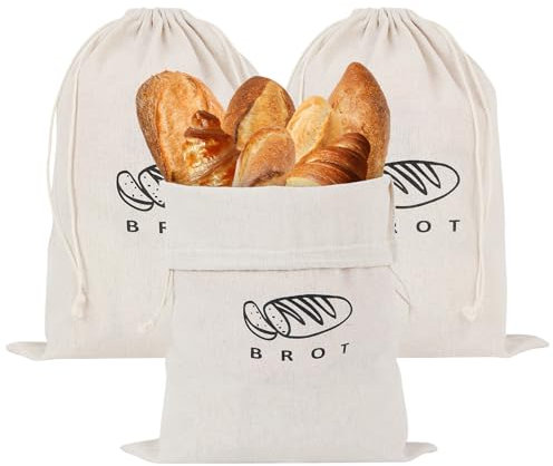 Lot de 3 sacs à pain en lin - Réutilisables - Meilleur rangement pour pain avec cordon de serrage - Pour pain frais et fait maison (40 x 30 cm)