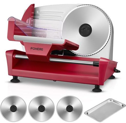 FOHERE 250W Meat Slicer Electric | 3 Interchangeable 19cm Blades(Serrated*2/Smooth*1) | 0-15mm Adjustable Thickness for Deli Bread Meat Cheese & Other Food | Plastic Pusher | Non-Slip Feet | Red