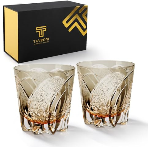 TAVRONI Old Fashioned Whiskey Glasses Edo Kiriko Whisky Glass - 11 Oz Hand Cut Wineware For Scotch, Bourbon, Liquor and Cocktail Drinks - Great Whiskey Gifts In Gift Carton (2 Pack)