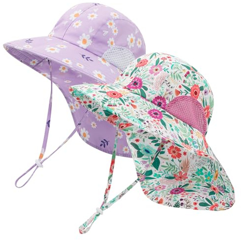MASOCIO Kinder Sonnenhut Mädchen Baby Kleinkind 2 Stück Sommerhut Kind mit Nackenschutz Sommer Mütze Hut UV Schutz 50 UPF Sonnenmütze 3 4 5 Sommermütze Alter 2-6 Jahre Mehrfarbig 4