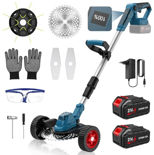 Desbrozadora Bateria 21V, Desbrozadora Electrica con 2 x 3.0Ah Baterías y 3 Cuchillas, Motor sin Escobillas, Ruedas Extraíbles, Varilla Telescópica, Desbrozadora para Recortar Césped y Arbustos
