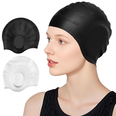 2PCS Swimming Cap, 100% Silicone Waterproof Swimming Hat with Ear Protection, Swimming Caps for Women/Men, Large Black/White Adult Swimming Caps That Keep Hair Dry, Ladies Swimming Cap Long/Short Hair
