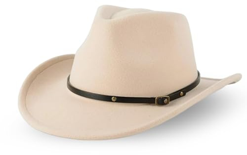 Haayymo Western-Cowboyhut für Herren und Damen, klassischer Western-Fedora-Hut aus Filz, breite Krempe, perfekt für Cowboyhut, Kostüm und Outdoor-Aktivitäten (gebrochenes Weiß)