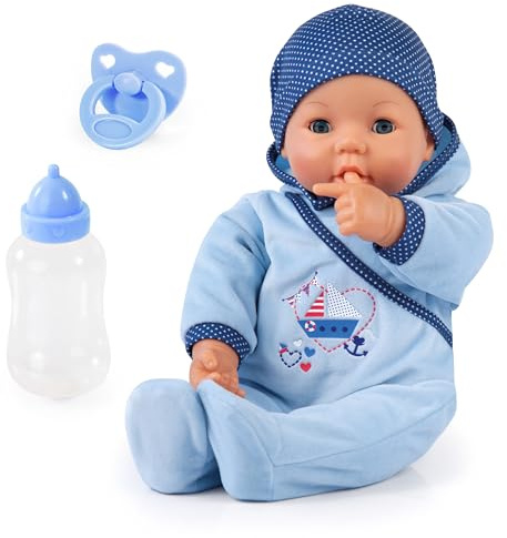 Bayer Design Hello Baby Boy babydocka, mjuk kropp, pratar, flyttar munnen | napp, flaska