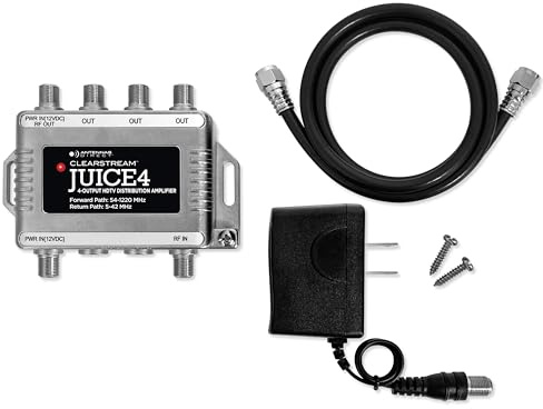 Antennas Direct ClearStream JUICE4 Distribution Amplifier, Output to 4 Televisions, CATV Systems, 4K 8K Ready – w/Power Supply, Coaxial Cable (Silver)