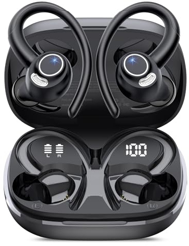 Wireless Earbuds, Bluetooth 5.4 Headphones Sport, Over Ear Buds With ENC Noise Cancelling Mic, 48H, Wireless Earphone With Earhooks, Stereo Deep Bass, IP7 Waterproof ear bud for Workout Running, Black