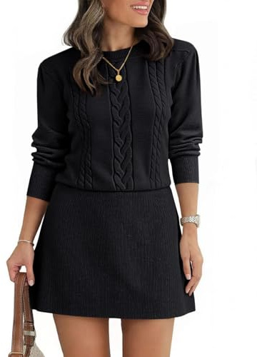 Saodimallsu Womens Puff Long Sleeve Sweater Dress Cable Knit A Line Crew Neck Fall Casual Flare Mini Dresses Black