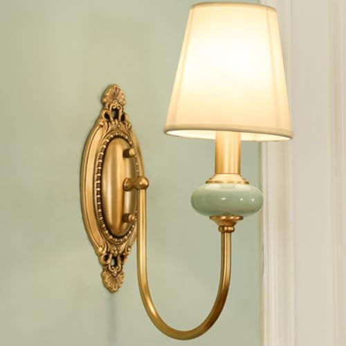 JiuSiLIFE Vintage Wall Sconce, Antique Brass Wall Light, E14 Farmhouse Wall Lamp, Green Ceramic Wall Lamps, for Office Hotel Study Corridor Stair (Without Light Source),A