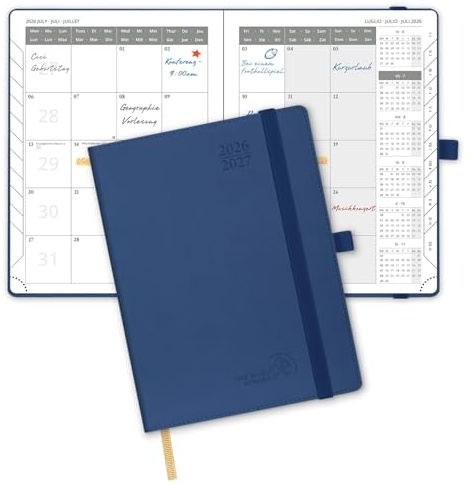 POPRUN Agenda Månadskalender 2026 2027, Juli'26 - Dec'27, 18 Månader 22 x 16,5 cm, 2 Sidor per Månad, Skolkalender, Mjuk PU Läderomslag, Papper 100 gsm,Marineblå | 18 månaders månadskalender, (Jul.2026-dec2027), med PU-läder, 1 månad 2 sidor, 100 GSM-papper (marinblå)