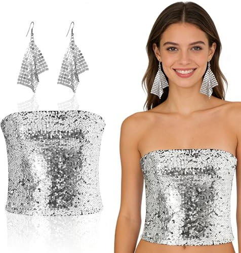 GYIOFAI 2 Piezas Accesorios de Plata para Disfraces,Parte Superior con Purpurina y 1 par de Accesorios para Las Orejas,Elástica Bandeau Top,Disfraz de Carnaval para Fiesta Club Actuación (Plata)