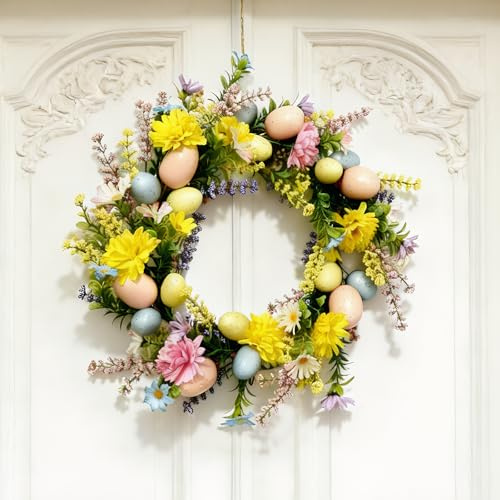 Corona Pasquale 40cm per Porta d'Ingresso, Corona Primaverile con Uova di Pasqua Artificiali, Corone di Pasqua per Esterno, per Decorazione di Cucina, Interni, Esterni, Finestre e Porte d'Ingresso