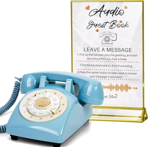 FiayaCom Audio Guest Book Wedding Phone,32GB Memory Customized Audio Messages, Volume Adjustable, with Message Replay Feature, Suitable for All Kinds of Party(Blue+Golden Sign)
