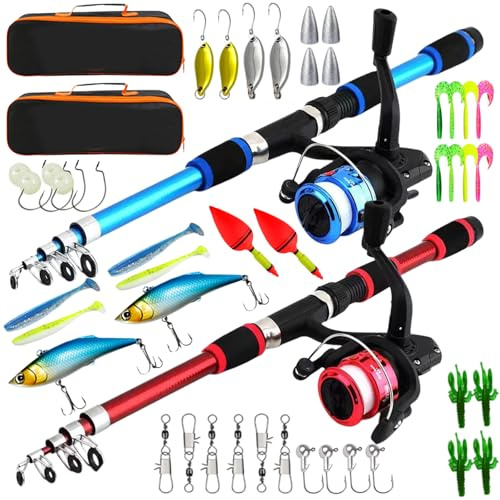 Lot de 2 kits de pêche pour enfants : 1,8 m, canne à pêche télescopique légère, sac de transport pour activités de plein air pour garçons et filles (noir + bleu)