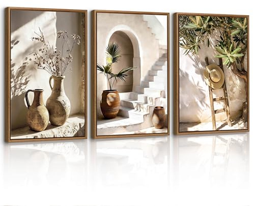 3Pcs Quadri Moderni Casale Rustico Natura Morta Stampa Su Tela Con Cornice, Moderno Botanico Quadro Pittura Scala Paglia Cappello Stampe Da Parete Decor Per Soggiorno Camera da letto Cucina 30x40cmx3