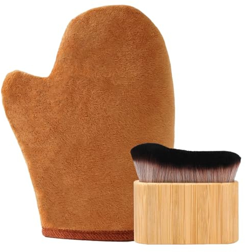 VOOSFSIE Guante Autobronceador, 2 en 1 Manopla Autobronceador, Kit de Aplicador de Bronceado Automático con Aplicador de Espalda y Brocha de Maquillaje para Bronceado, Loción Tanner, Espuma