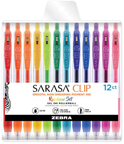 zebra pen Sarasa Clip Retractable Gel Pen, Fine Point, Rainbow Assorted Colors, 12 Pack
