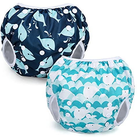 Teamoy Wiederverwendbare Schwimmwindeln(Packung mit 2), Badeanzug Windeln Waschbare Windeln für Babys & Mädchen, Wal+Süßer Wal