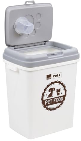 Taylor & Brown 40L/15KG White Grey Airtight Pet Food Storage Container Flip Top Locking System With Integrated Scoop Plastic Birds Pet Dog Cat Animal Dry Food Dispenser Bin