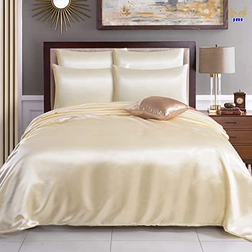 6PCS Satin Duvet Cover Bedding Set Plain Luxury Soft Bed Set Include (1xDuvet Cover, 1xFitted Sheet, 4xHousewife Pillow Case) (King, Cream)-(Same Day Dispatch)
