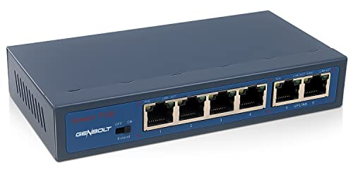 GENBOLT Switch PoE Fast Ethernet 10/100 Mbps a 6 porte, 4 porte PoE, desktop, Plug-and-Play, metallo robusto con porte schermate