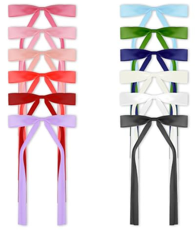 12 PCS Korean Bowknot Hair Clips and Bows With Long Tail - Multicolor Satin Ribbon Tassel Ponytail Holder Barrettes With Metal Spring Clip - Accessories for Women and Girls