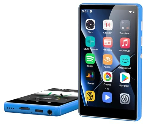 80GB Reproductor MP3 Spotify, SWOFY Reproductor MP3 con Bluetooth y WiFi, 4 Reproductor MP4 Android con Amazon Music, Audible, Deezer, Reproductor de Música Niños, Soporte hasta 512GB Tarjeta (Azul)