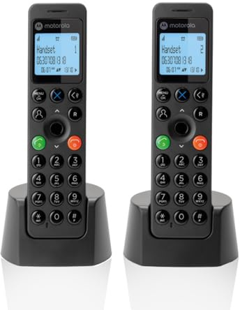 Motorola Voice – DOT202 dubbelpack, digital trådlös telefon, handsfree-högtalare, samtalsspärr, 100 kontakter med namn och telefonbok, svart