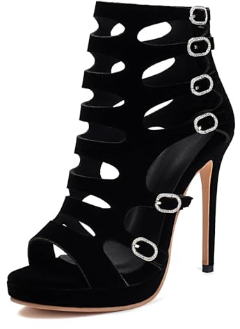 CRETUAO Sandales Talons Aiguilles Creuses Style Gladiateur Femmes,Bottines Tendance Daim Bout Ouvert avec Fermeture éclair l'arrière et Boucle Mailles,Sandales Talons Hauts Sexy Robe Bal,Noir,41 EU