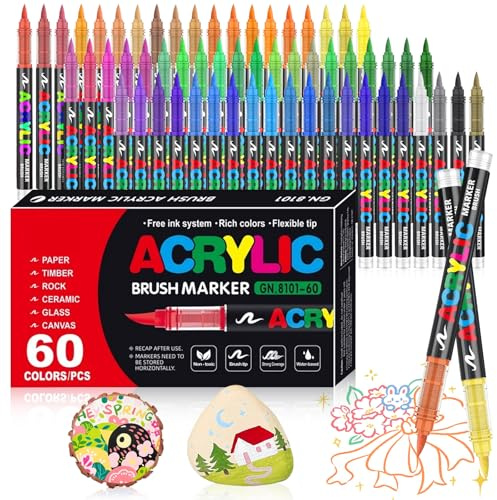 WOGOPRO Pennarelli Acrilici, 60 Colori Acrylic Marker, Acrilici Brush Pen Marker per Colorazione, Calligrafia, Pittura, Legno, Vetro, Plastic, Tessuti, Sassi, Ceramica