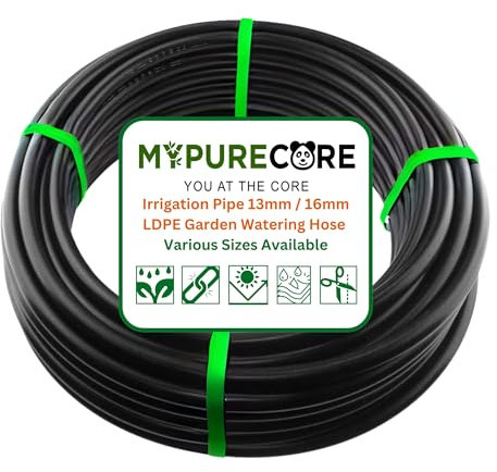 MYPURECORE Irrigation Pipe 13mm / 16mm LDPE Garden Watering Hose – Heavy Duty UV Resistant Black Tubing Roll for Drip System, Greenhouse, Outdoor Plant Irrigation – Flexible Hose Pipe (10m)