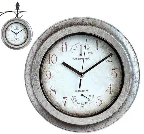 TANGPINGMAO Large Outdoor Clock 11.2 Inch Garden Clock with Thermometer and Hygrometer Waterproof Vintage Silent Wall or Garden, Kitchen, Bedroom Silver No Battery Outdoor