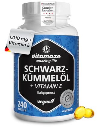 Olio di Cumino Nero, 1010 mg, 240 Capsule Vegane per 4 Mesi, Spremuto a Freddo (Nigella Sativa), con Vitamina E, Olio di Semi Neri, Senza additivi, Prodotto in Germania, Black Seed Oil Vitamaze®