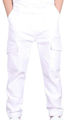Generisch Pantalones Cargo para Niños Stretch Twill con Cintura Elástica para Escolares Jogger, Blanco, 10-11 años