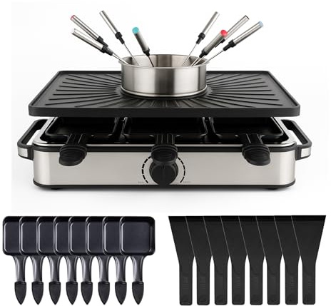 Raclette-set för 8 personer – bordsgrill inkl. stekpannor och skrapa – grillplatta och stenplatta non-stick beläggning – kantig (Fondueset)