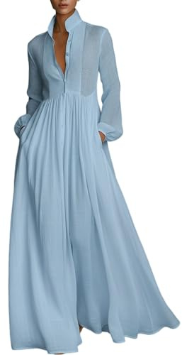 Maxi Dress for Women Elegant Cotton Linen Patchwork Shirt Dresses Single-Breasted Stand-Up Collar Long Sleeve Sundress Solid Color Long Dresses with Pockets Elegant Summer Beach Formal Prom Dress