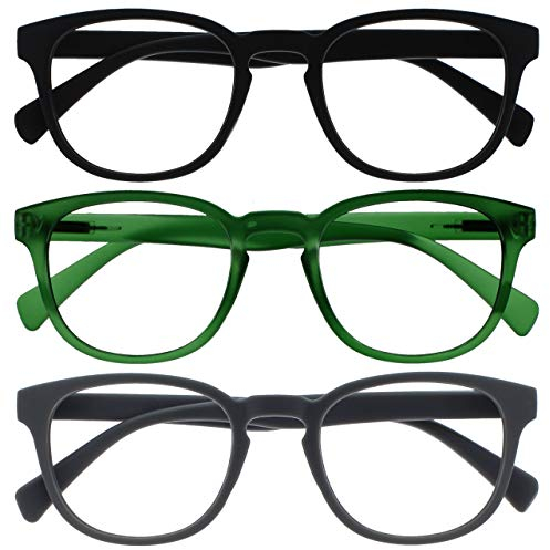 OPULIZE Pop Lesebrille 3er Pack Keck Rund Matt Rahmen Federscharniere Kratzfest Schwarz Grün Grau Herren Damen RRR2-167 +1.50