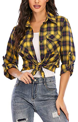 Enjoyoself dam, rutig blus, långärmad, rutiga flanellskjortor, 100 % bomull, button-down skjortblus för vardag och oktoberfest, Gul + blå, M