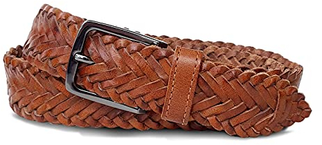 ROYALZ Flechtgürtel Leder Gürtel geflochten Herren Damen Ledergürtel Vintage Echtleder Unisex 35 mm breit, Farbe:Cognac Braun, Größe:Bundweite 90 cm = Gesamtlänge 105 cm