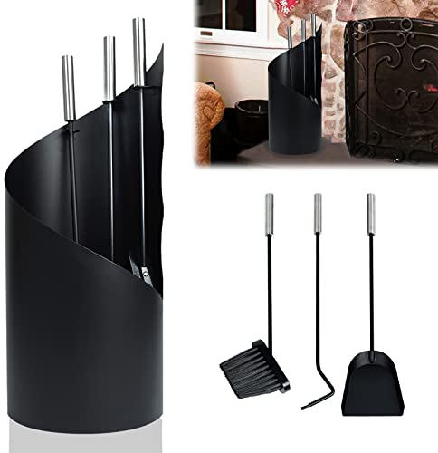 LZQ Set di 4 posate per camino, in acciaio inox, accessori per camino, con gancio, pala, scopa e supporto, per accessori per la pulizia del camino