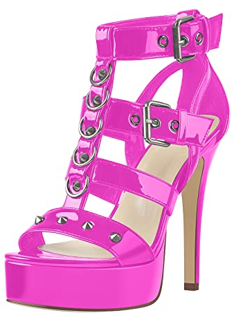 Only maker Damen Gotische Sandalen Punk Sandaletten High Heels T-Riemen Schaftsandalen mit Nieten Schnallen Lack Rosa 37 EU