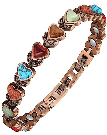 Jeracol Lymphatic Drainage Copper Magnetic Bracelets for Women,Copper Bracelet with Heart Shape Stone,Adjustable Length with Sizing Tool in Gift Box(Colorful)