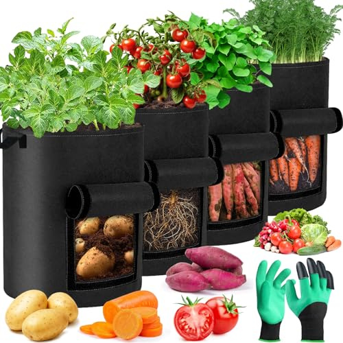 ZLPBAO 4 Sacchi in Grandi Geotessile per Patate, 10 Galloni Sacchetti per Coltivazione Patate, Sacco per piantine da Giardino con finestra a vista, guanti, Sacchi per Piante Per Patate, Pomodori