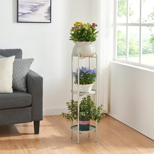 [en.casa] Blomstativ Altena växtstativ med blomkruka och 2 hyllor metall ljusgrå växthylla 94,5 x 27 x 27 cm blompelare för inomhus blomkruksställ